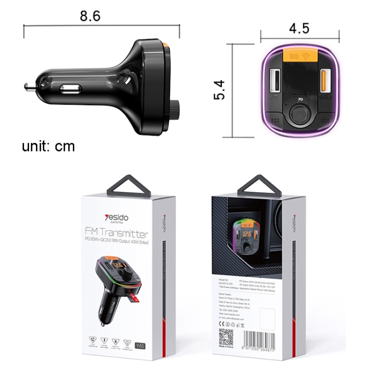 Yesido Y45 Car PD Charger ที่จุดบุหรี่ QC Car Charging USB Bluetooth Digital Display FM, Y45