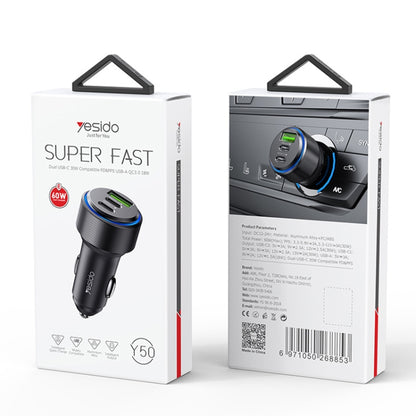 Yesido Y50 Car USB3.0 Fast Charger 30W อลูมิเนียมอัลลอยด์ PD Fast Charging, Y50