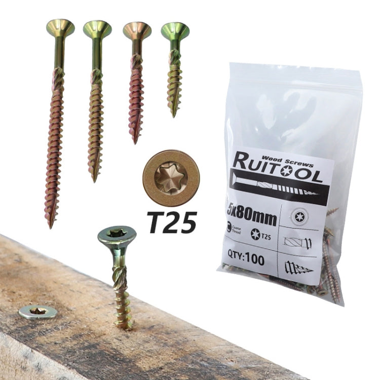 RUITOOL T25 100 ชิ้นสกรูงานไม้ Torx สกรูเกลียวปล่อย, 5 x 80mm, 4.5 x 60mm, 4.5 x 45mm, 4.5 x 35mm
