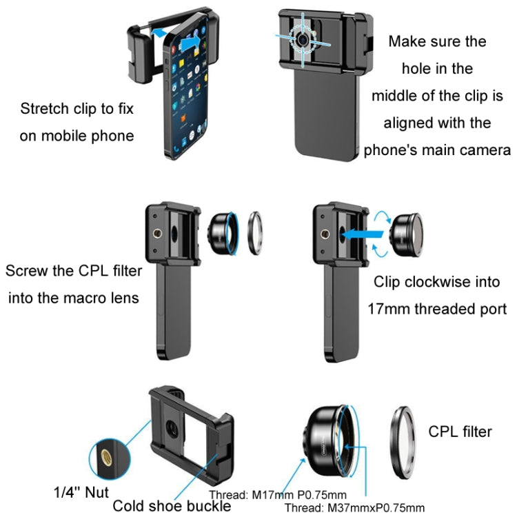 APEXEL CM-HB100CPL HB100mm HD เลนส์มาโครภายนอกสำหรับโทรศัพท์มือถือพร้อม CPL, CM-HB100CPL