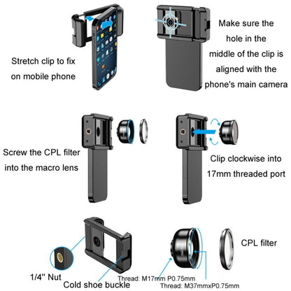 APEXEL CM-HB100CPL HB100mm HD เลนส์มาโครภายนอกสำหรับโทรศัพท์มือถือพร้อม CPL, CM-HB100CPL