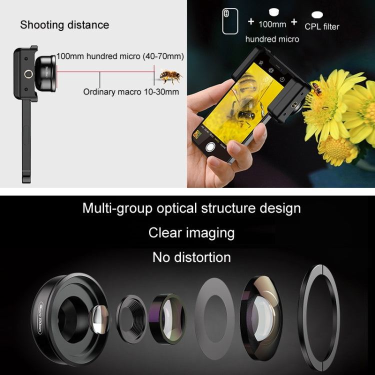 APEXEL CM-HB100CPL HB100mm HD เลนส์มาโครภายนอกสำหรับโทรศัพท์มือถือพร้อม CPL, CM-HB100CPL