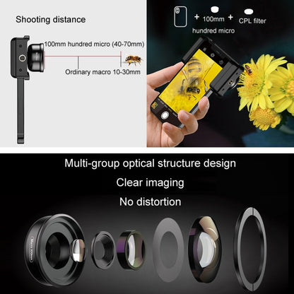 APEXEL CM-HB100CPL HB100mm HD เลนส์มาโครภายนอกสำหรับโทรศัพท์มือถือพร้อม CPL, CM-HB100CPL