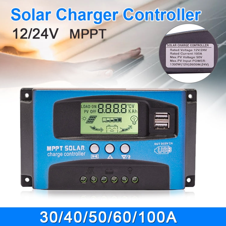YCX-003 30-100A เครื่องควบคุมการชาร์จพลังงานแสงอาทิตย์พร้อมหน้าจอ LED และพอร์ต USB คู่เครื่องชาร์จ MPPT อัจฉริยะ, 12/24V 30A, 12/24V 40A, 12/24V 50A, 12/24V 60A, 12/24V 100A, 12/24/36/48/60V 100A
