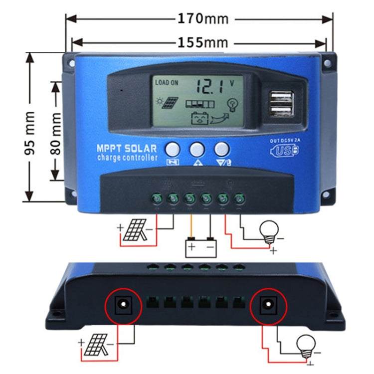 YCX-003 30-100A เครื่องควบคุมการชาร์จพลังงานแสงอาทิตย์พร้อมหน้าจอ LED และพอร์ต USB คู่เครื่องชาร์จ MPPT อัจฉริยะ, 12/24V 30A, 12/24V 40A, 12/24V 50A, 12/24V 60A, 12/24V 100A, 12/24/36/48/60V 100A