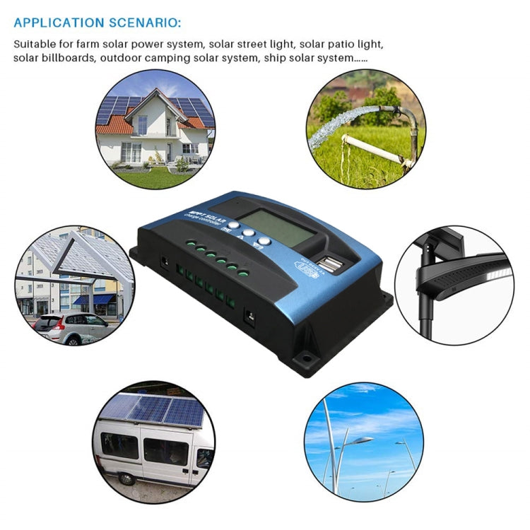 YCX-003 30-100A เครื่องควบคุมการชาร์จพลังงานแสงอาทิตย์พร้อมหน้าจอ LED และพอร์ต USB คู่เครื่องชาร์จ MPPT อัจฉริยะ, 12/24V 30A, 12/24V 40A, 12/24V 50A, 12/24V 60A, 12/24V 100A, 12/24/36/48/60V 100A