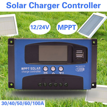 YCX-003 30-100A เครื่องควบคุมการชาร์จพลังงานแสงอาทิตย์พร้อมหน้าจอ LED และพอร์ต USB คู่เครื่องชาร์จ MPPT อัจฉริยะ, 12/24V 30A, 12/24V 40A, 12/24V 50A, 12/24V 60A, 12/24V 100A, 12/24/36/48/60V 100A