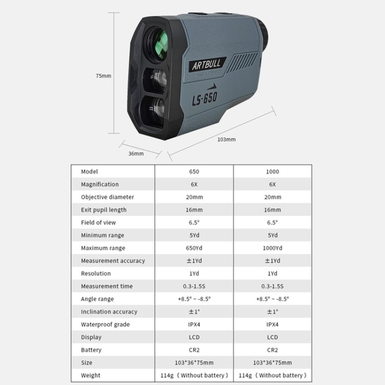 ARTBULL LS-650 เครื่องวัดระยะเลเซอร์กอล์ฟกลางแจ้ง 650m กล้องโทรทรรศน์วัดระยะสูง, LS-650