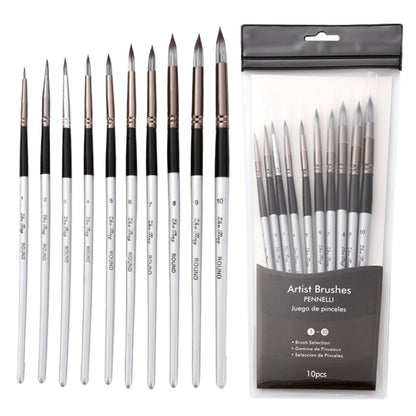 10 in 1 ไนลอนผมสีน้ำแปรงทาสีชุดด้ามไม้ปากกาอะคริลิกปลายแหลม, 10 In 1