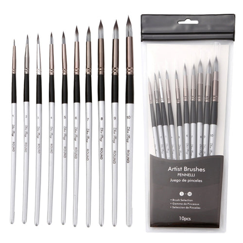 10 in 1 ไนลอนผมสีน้ำแปรงทาสีชุดด้ามไม้ปากกาอะคริลิกปลายแหลม, 10 In 1