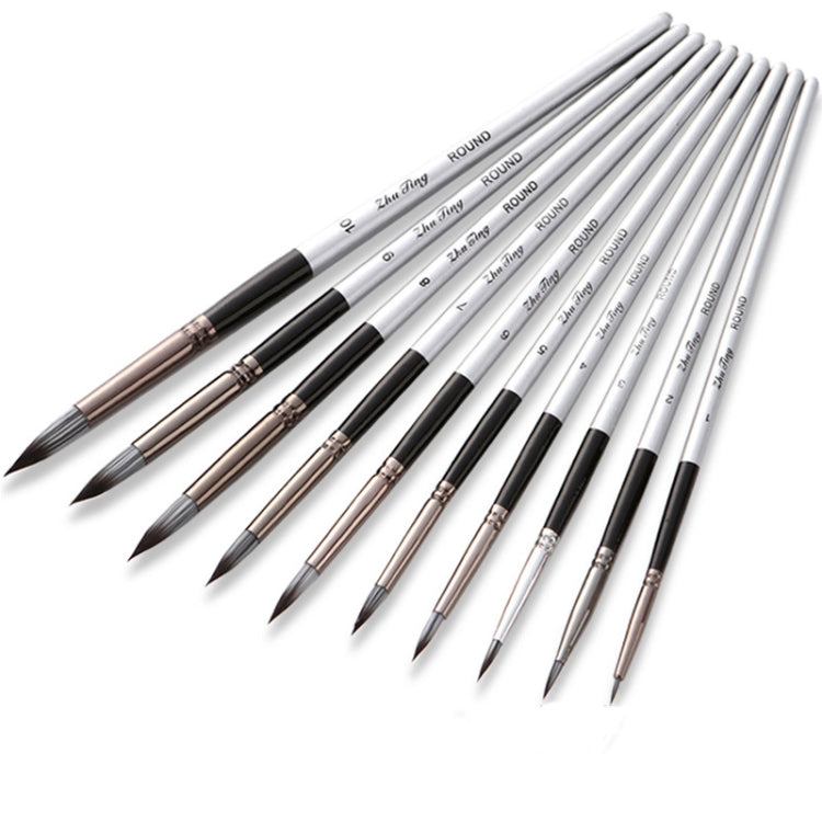 10 in 1 ไนลอนผมสีน้ำแปรงทาสีชุดด้ามไม้ปากกาอะคริลิกปลายแหลม, 10 In 1