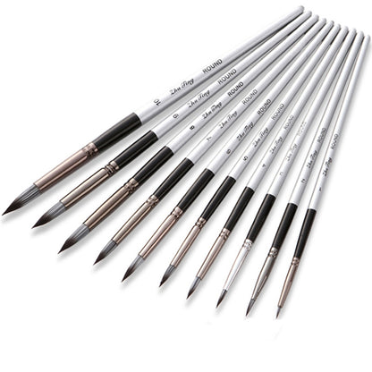 10 in 1 ไนลอนผมสีน้ำแปรงทาสีชุดด้ามไม้ปากกาอะคริลิกปลายแหลม, 10 In 1