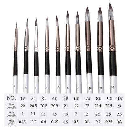 10 in 1 ไนลอนผมสีน้ำแปรงทาสีชุดด้ามไม้ปากกาอะคริลิกปลายแหลม, 10 In 1