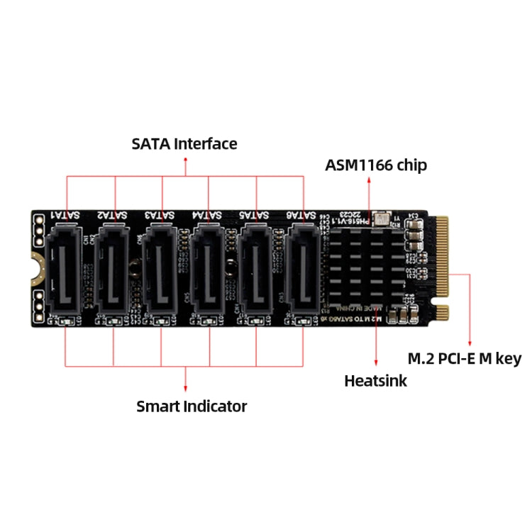 M2 M-KEY PCIE 3.0 เพื่อ SATA6G การ์ดขยายการถ่ายโอน 6 พอร์ตการ์ดอะแดปเตอร์ขยายฮาร์ดดิสก์, 6 Port