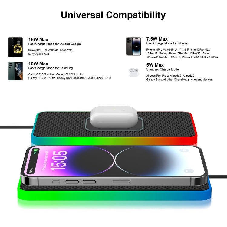 2 in 1 15W รถ โทรศัพท์มือถือ เครื่องชาร์จไร้สาย แผ่นกันลื่นพร้อมไฟหลากสีสัน, USB Cable 1m, USB-C/Type-C Cable 1m, USB Cable 0.3m, USB-C/Type-C Cable 0.3m