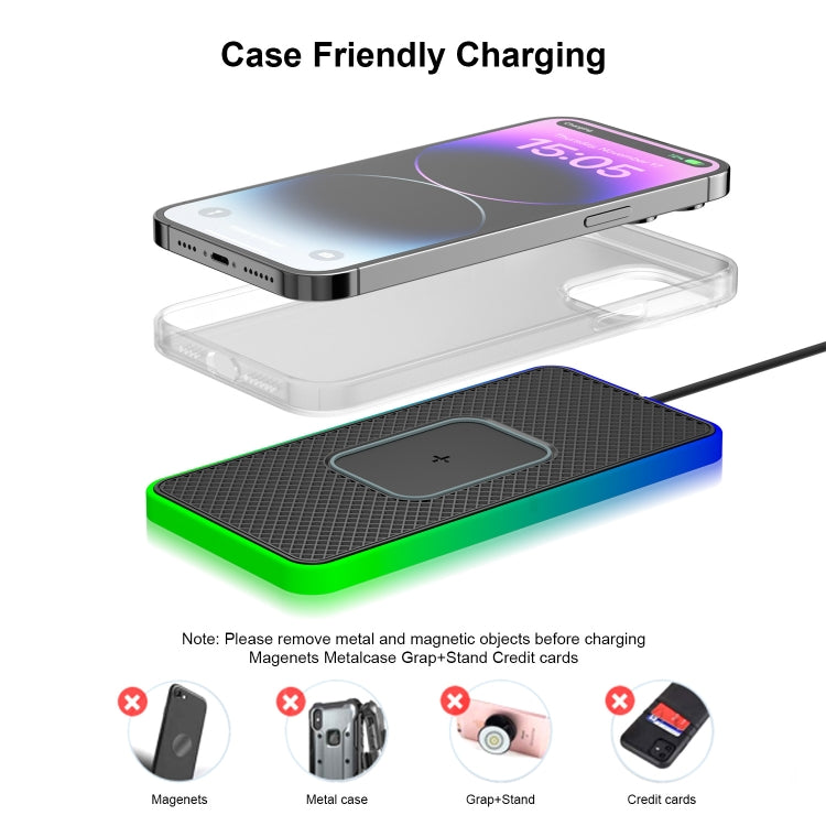 2 in 1 15W รถ โทรศัพท์มือถือ เครื่องชาร์จไร้สาย แผ่นกันลื่นพร้อมไฟหลากสีสัน, USB Cable 1m, USB-C/Type-C Cable 1m, USB Cable 0.3m, USB-C/Type-C Cable 0.3m
