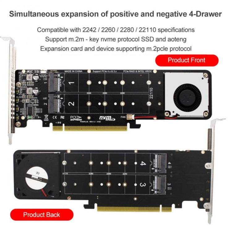 PCI-E X16 ถึง M.2 M-key NVME X4 SSD RAID Array Expansion Adapter รองรับ 2242/2260/2280/22110, PH44Plus