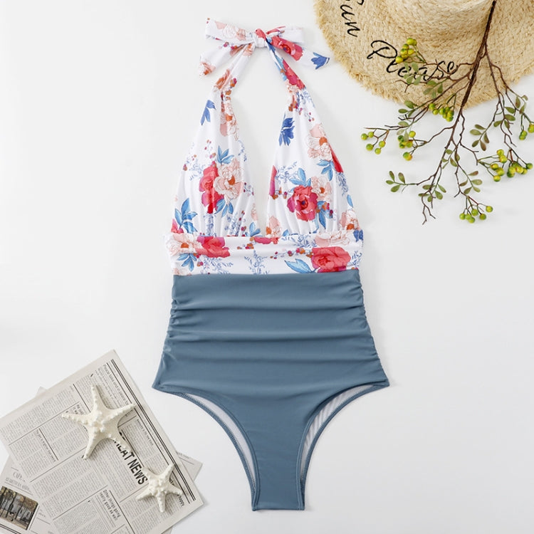 ชุดว่ายน้ำสตรีผูกเชือกผูกหลังฤดูร้อนชิ้นเดียวพิมพ์ลายดอกไม้ Halter บิกินี่, S, M, L
