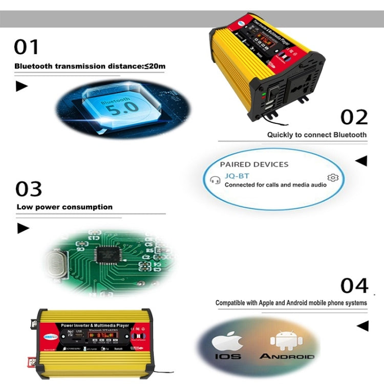 อินเวอร์เตอร์ SOLIKE TECH 300W พร้อมเครื่องเล่นมัลติมีเดีย Bluetooth MP3/FM, 12V to 110V, 12V to 220V