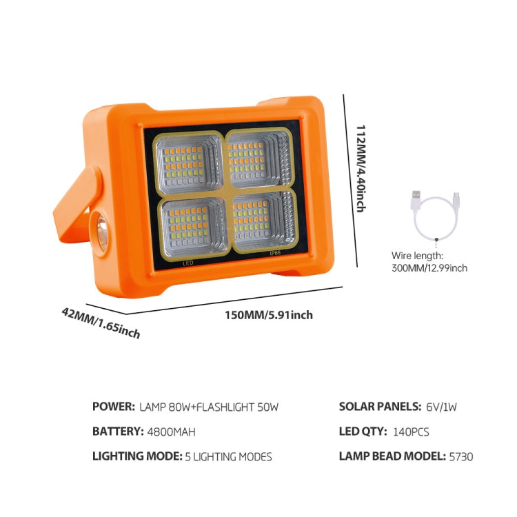 Solar Flood Light ไฟฉายแบบพกพา ไฟฉุกเฉินสำหรับทำงาน, 144 LEDs