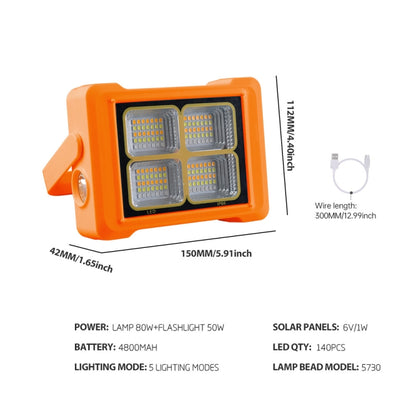 Solar Flood Light ไฟฉายแบบพกพา ไฟฉุกเฉินสำหรับทำงาน, 144 LEDs