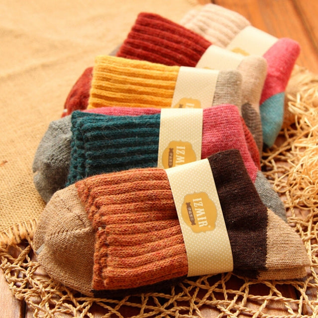 5 คู่ผู้หญิงฤดูหนาว Vintage กระต่ายขนสัตว์ถุงเท้า Thicken Warm หญิงแฟชั่น Patchwork Retro ความร้อนถุงเท้าผ้าฝ้าย, Free Size