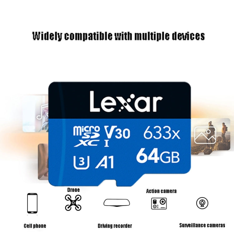 Lexar 633x 64GB เครื่องบันทึกการขับขี่ความเร็วสูงโดยเฉพาะการ์ดหน่วยความจำโทรศัพท์มือถือ DVR TF Card, 64GB