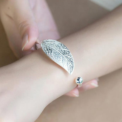 Leaf Cuff เปิดกำไลข้อมือผู้หญิงเครื่องประดับเงินวินเทจสร้อยข้อมือหรูหรา