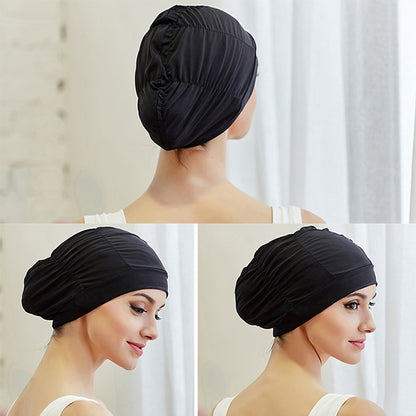 หมวกว่ายน้ำผ้าจีบผู้หญิงปิดหูกันหนาว, Women Swimming Cap (Lake Blue), Women Swimming Cap (Purple), Women Swimming Cap (Rose)