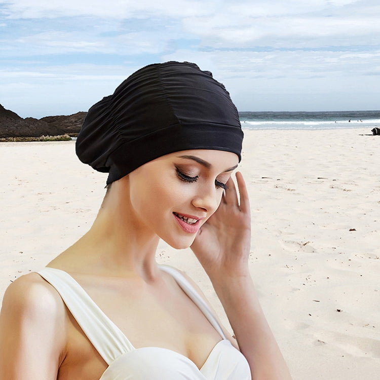 หมวกว่ายน้ำผ้าจีบผู้หญิงปิดหูกันหนาว, Women Swimming Cap (Lake Blue), Women Swimming Cap (Purple), Women Swimming Cap (Rose)