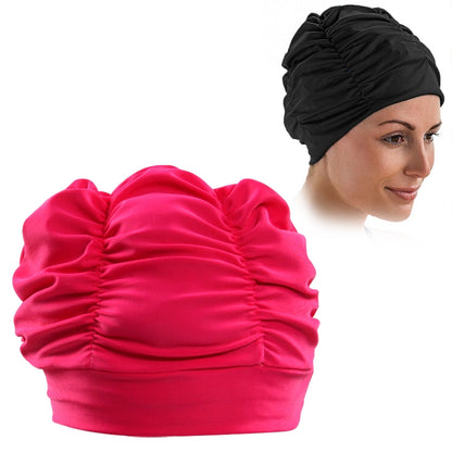 หมวกว่ายน้ำผ้าจีบผู้หญิงปิดหูกันหนาว, Women Swimming Cap (Lake Blue), Women Swimming Cap (Purple), Women Swimming Cap (Rose)