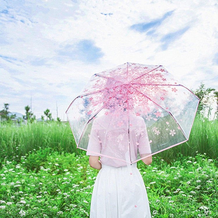 2 ชิ้น Cherry Blossom ร่มสามพับโปร่งใสร่มพับส่วนบุคคล