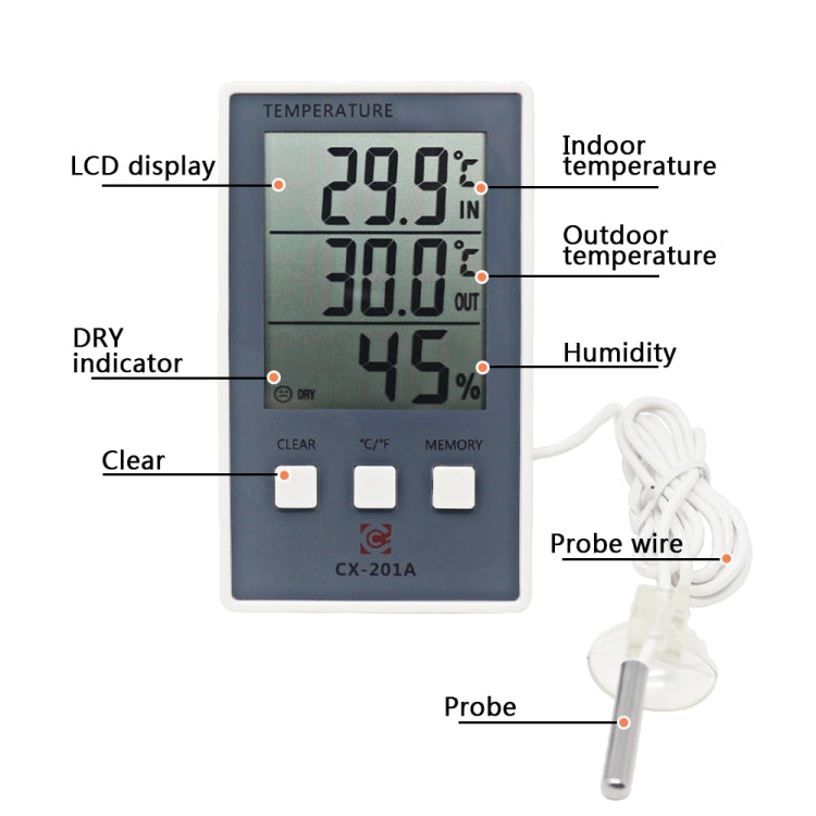 CX-201A LCD Digital Weather Station เครื่องวัดอุณหภูมิเครื่องวัดความชื้นความชื้นอุณหภูมิในร่มกลางแจ้งพร้อมเซนเซอร์วัดอุณหภูมิ, CX-201A