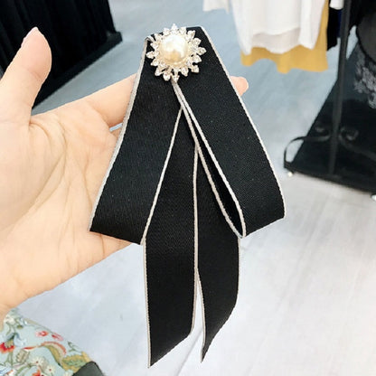 สุภาพสตรีป่ายาวโบว์ผูกมุก Rhinestone โบว์โบว์เข็มกลัดเสื้อผ้าอุปกรณ์เสริม
