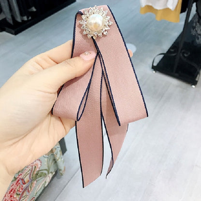 สุภาพสตรีป่ายาวโบว์ผูกมุก Rhinestone โบว์โบว์เข็มกลัดเสื้อผ้าอุปกรณ์เสริม