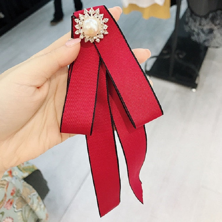 สุภาพสตรีป่ายาวโบว์ผูกมุก Rhinestone โบว์โบว์เข็มกลัดเสื้อผ้าอุปกรณ์เสริม