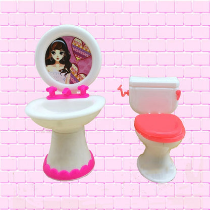 3 ชิ้นบ้านตุ๊กตาบาร์บี้พลาสติกชุดอุปกรณ์ห้องน้ำอ่างล้างหน้า, Washroom Set