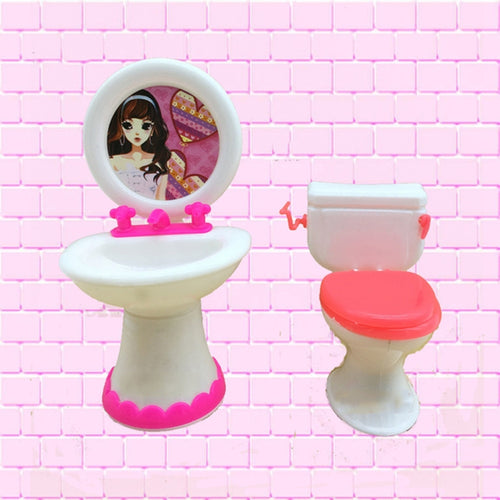 3 ชิ้นบ้านตุ๊กตาบาร์บี้พลาสติกชุดอุปกรณ์ห้องน้ำอ่างล้างหน้า, Washroom Set