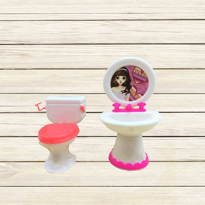 3 ชิ้นบ้านตุ๊กตาบาร์บี้พลาสติกชุดอุปกรณ์ห้องน้ำอ่างล้างหน้า, Washroom Set