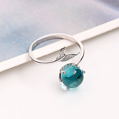 แฟชั่นผู้หญิง Blue Crystal Mermaid Shape เปิดแหวน