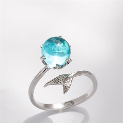 แฟชั่นผู้หญิง Blue Crystal Mermaid Shape เปิดแหวน