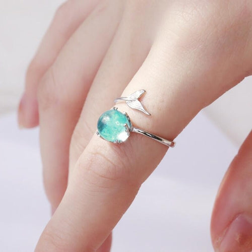 แฟชั่นผู้หญิง Blue Crystal Mermaid Shape เปิดแหวน