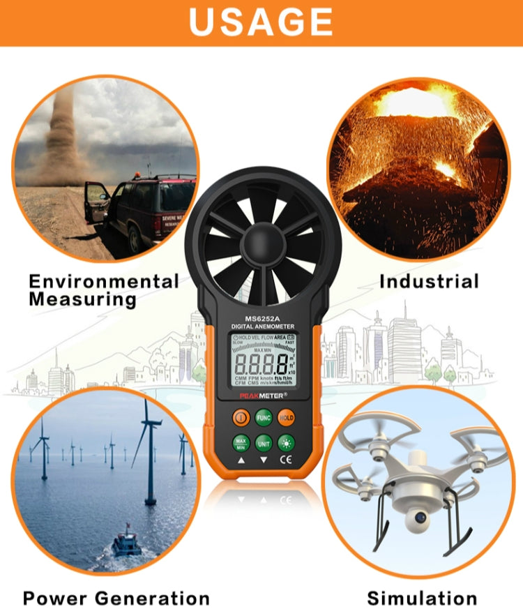 PEAKMETER เครื่องมือวัดปริมาณลมความเร็วลมจอแสดงผลดิจิตอลความแม่นยำสูง, MS6252A Wind Speed, Air Volume, MS6252B Temperature, Humidity, USB