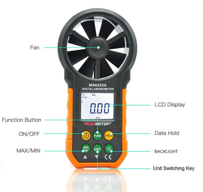 PEAKMETER เครื่องมือวัดปริมาณลมความเร็วลมจอแสดงผลดิจิตอลความแม่นยำสูง, MS6252A Wind Speed, Air Volume, MS6252B Temperature, Humidity, USB