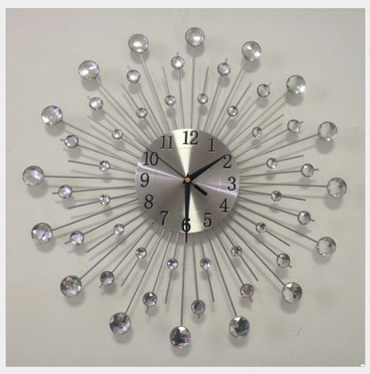 Creative Wall Clock Crystal Silver Wrought Iron Wall Clock บุคลิกภาพศิลปะตกแต่งห้องนั่งเล่นห้องนอนนาฬิกา, Iron Wall Clock