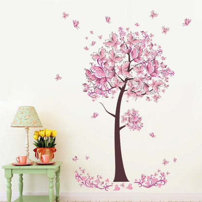2 ชิ้นต้นไม้ดอกไม้ดอกไม้ผีเสื้อสติ๊กเกอร์ติดผนังสติ๊กเกอร์ห้องนั่งเล่นห้องนอนทีวีโซฟาพื้นหลังตกแต่งผนังสติ๊กเกอร์ฝาผนัง, Tree Flower