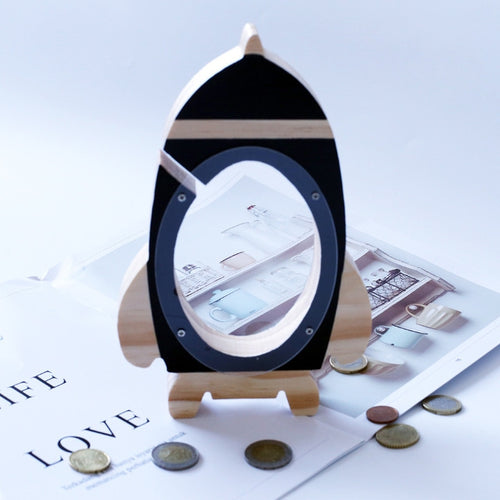 Nordic ไม้ Rocket กล่องเงินของเล่นตกแต่งห้องนั่งเล่น Piggy Bank