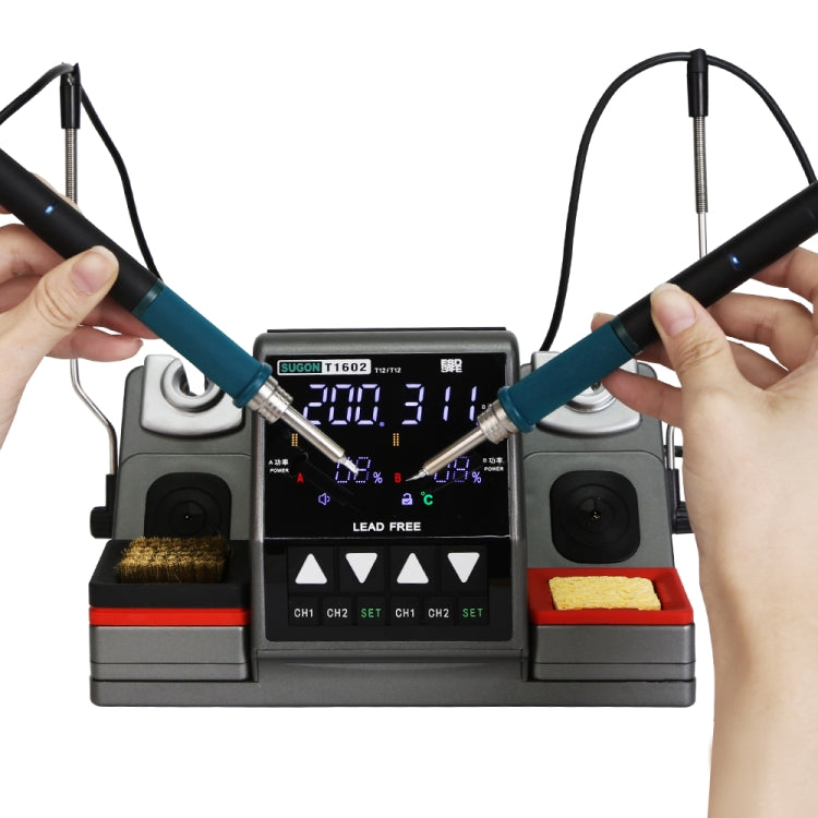 SUGON T1602 220V Dual Station สถานีบัดกรีไฟฟ้าพร้อมที่จับคู่, ปลั๊ก EU, T1602, EU Plug