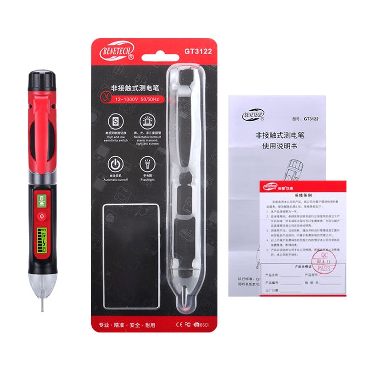 BENETECH GT3122 ปากกาทดสอบแบบไม่สัมผัสเครื่องวัดแรงดันไฟฟ้า AC/DC แบบดิจิตอล, BENETECH GT3122