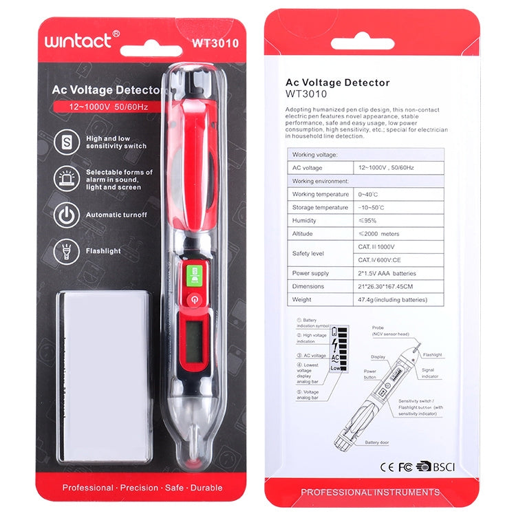 WINTACT WT3010 LED AC Voltage Tester ปากกาตรวจจับแบบไม่สัมผัส 12-1000V AC Voltage Detector, WINTACT WT3010